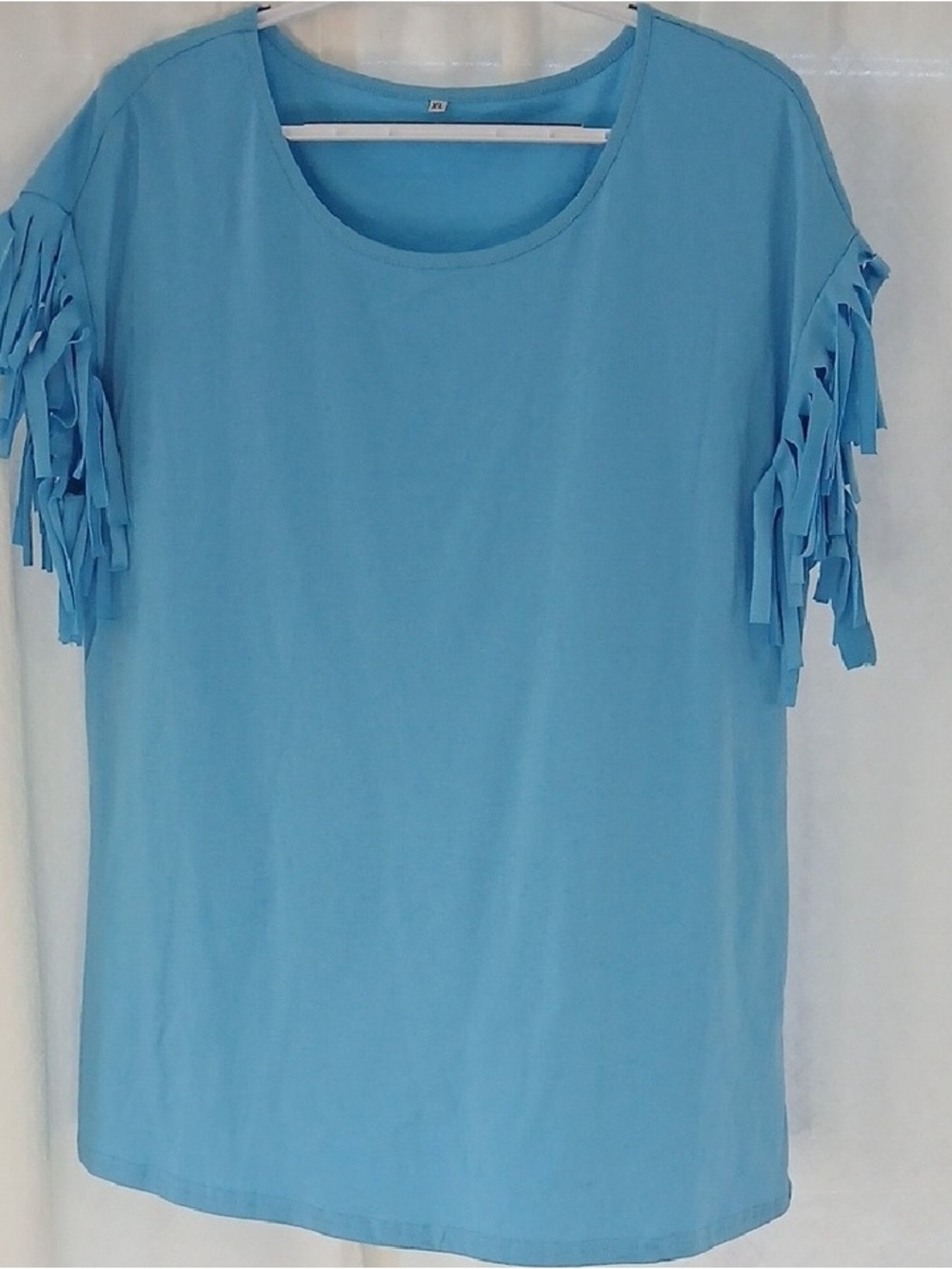 Women's Sky Blue Short Sleeve Fringe Tee